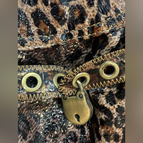 Charlie Lapson Croc Leopard Textured Print Satchel Bag Brass Hardware - Picture 7 of 16